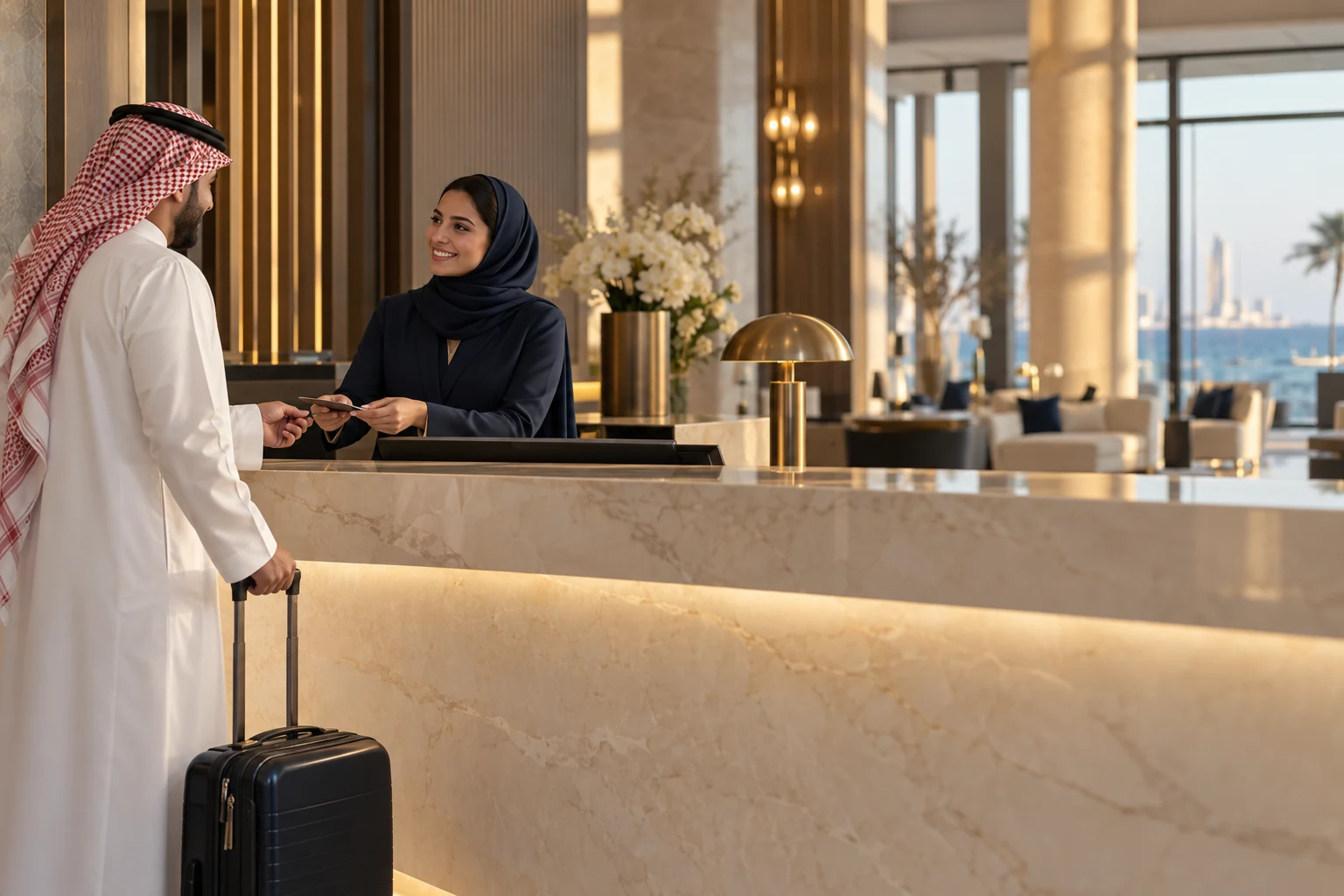 A hotel receptionist welcoming a guest at the front desk