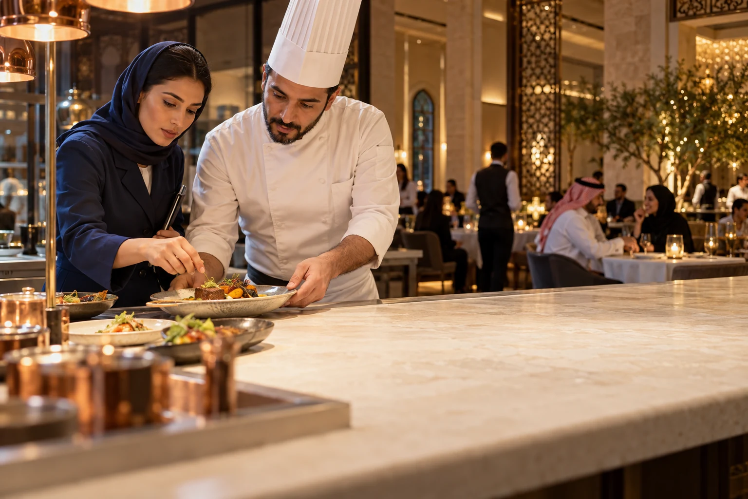 A restaurant manager and chef coordinating dinner service