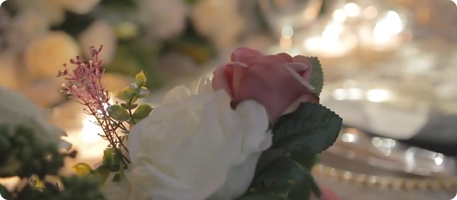 A decorated wedding venue table